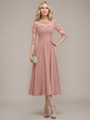 A-line Scoop Illusion Tea-Length Chiffon Lace Mother of the Bride Dress With Sequins Beading
