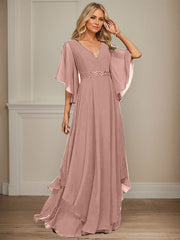 A-line V-Neck Floor-Length Chiffon Mother of the Bride Dress With Sequins Appliques Lace Beading