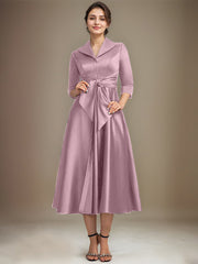 A-line V-Neck Collared Tea-Length Satin Mother of the Bride Dress