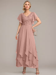 A-line V-Neck Ankle-Length Lace Chiffon Mother of the Bride Dress With Cascading Ruffles