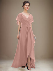 A-line V-Neck Asymmetrical Chiffon Mother of the Bride Dress With Sequins Beading Cascading Ruffles
