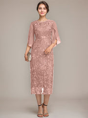 Sheath/Column Scoop Tea-Length Lace Chiffon Mother of the Bride Dress