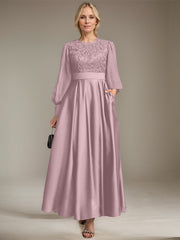 A-line Scoop Ankle-Length Lace Satin Chiffon Mother of the Bride Dress With Sequins