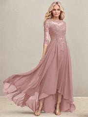 A-line Scoop Illusion Asymmetrical Lace Chiffon Mother of the Bride Dress With Pleated Sequins