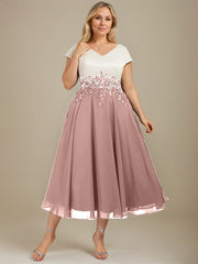 A-line V-Neck Tea-Length Satin Chiffon Mother of the Bride Dress With Appliques Lace