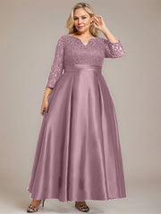 A-line V-Neck Ankle-Length Lace Satin Mother of the Bride Dress With Rhinestone