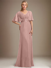 A-line V-Neck Floor-Length Chiffon Mother of the Bride Dress With Sequins Appliques Lace Pleated