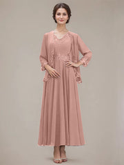 A-line V-Neck Ankle-Length Chiffon Mother of the Bride Dress With Sequins Appliques Lace Beading