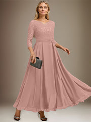 A-line V-Neck Ankle-Length Chiffon Lace Mother of the Bride Dress With Rhinestone