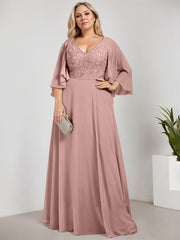 A-line V-Neck Floor-Length Chiffon Lace Mother of the Bride Dress With Sequins Beading