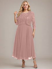 A-line Boat Neck Illusion Tea-Length Lace Chiffon Mother of the Bride Dress With Sequins