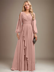 A-line Cold Shoulder V-Neck Floor-Length Chiffon Mother of the Bride Dress With Cascading Ruffles Beading