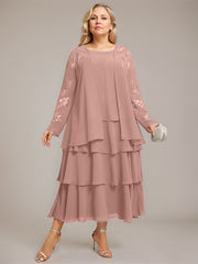 A-line Scoop Tea-Length Chiffon Mother of the Bride Dress With Cascading Ruffles