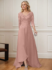 A-Line V-Neck 3/4 Sleeves Chiffon Mother Of The Bride Dresses With Lace