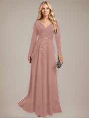 A-line V-Neck Floor-Length Stretch Crepe Evening Dress With Pleated Sequins Appliques Lace