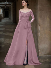 A-Line Off-The-Shoulder 3/4 Sleeves Sweep Train Lace/Satin Mother Of The Bride Dresses With Split Front