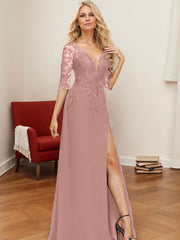 A-Line V-Neck 1/2 Sleeves Floor-Length Chiffon Mother Of The Bride Dresses With Lace
