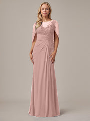 A-Line Floor-Length Boat-Neck Lace Capelet Chiffon Mother of the Bride Dress