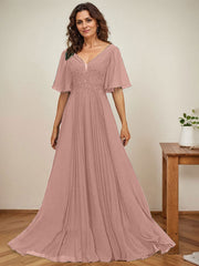 A-line V-Neck Floor-Length Chiffon Mother of the Bride Dress With Sequins Appliques Lace Pleated