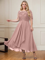A-line Boat Neck Illusion Asymmetrical Lace Chiffon Mother of the Bride Dress With Cascading Ruffles Sequins