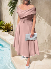 A-Line Off-The-Shoulder Tea-Length Chiffon Mother Of The Bride Dresses With Beading