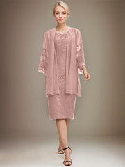 Sheath/Column Scoop Knee-Length Lace Mother of the Bride Dress With Sequins Beading