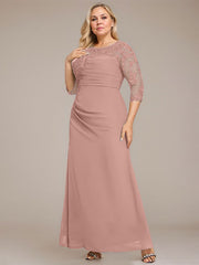 A-line Scoop Floor-Length Chiffon Lace Mother of the Bride Dress With Sequins Beading Pleated