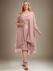 Sheath/Column Scoop Illusion Knee-Length Lace Chiffon Mother of the Bride Dress With Cascading Ruffles Sequins