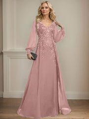 A-Line V-Neck Long Sleeves Floor-Length Chiffon Mother Of The Bride Dresses With Lace