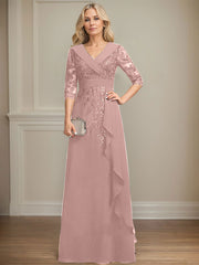 A-line Collared V-Neck Floor-Length Lace Chiffon Mother of the Bride Dress With Sequins Cascading Ruffles