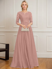 A-line Scoop Floor-Length Lace Chiffon Mother of the Bride Dress With Crystal Brooch Sequins