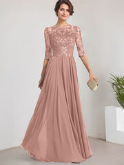 A-line Scoop Illusion Floor-Length Lace Chiffon Mother of the Bride Dress With Pleated Sequins
