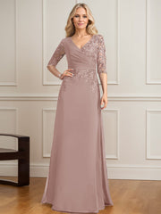 A-line V-Neck Floor-Length Lace Chiffon Mother of the Bride Dress With Pleated Sequins