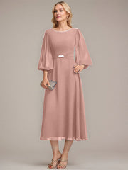 A-line Scoop Tea-Length Chiffon Mother of the Bride Dress With Crystal Brooch Pleated