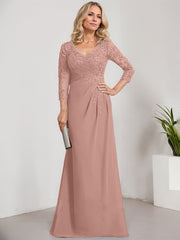 Sheath/Column V-Neck Illusion Floor-Length Lace Chiffon Mother of the Bride Dress With Pleated Sequins