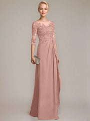 A-line Scoop Illusion Floor-Length Chiffon Lace Mother of the Bride Dress With Beading Sequins Cascading Ruffles