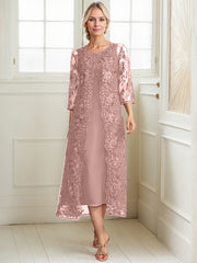 A-line Scoop Tea-Length Lace Chiffon Mother of the Bride Dress