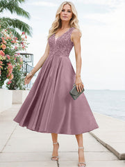 A-Line V-Neck Sleeveless Tea-Length Satin Mother Of The Bride Dresses With Lace