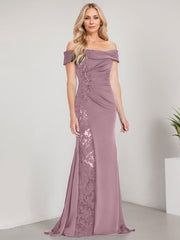 A-Line Off the Shoulder Floor-Length Chiffon Mother of the Bride Dress Applique Beadings Mermaid Dress With  High Split