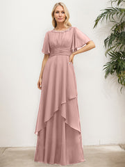 A-line Scoop Floor-Length Chiffon Mother of the Bride Dress With Pleated Sequins Beading