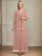 A-line V-Neck Ankle-Length Lace Sequin Chiffon Mother of the Bride Dress
