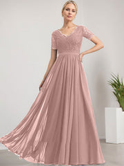 A-line V-Neck Floor-Length Lace Chiffon Mother of the Bride Dress