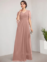A-line V-Neck Floor-Length Chiffon Mother of the Bride Dress With Pleated