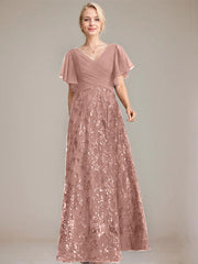 A-line V-Neck Floor-Length Lace Sequin Chiffon Mother of the Bride Dress With Pleated