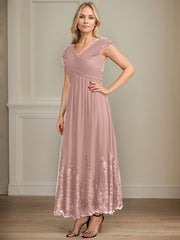 A-line V-Neck Ankle-Length Chiffon Mother of the Bride Dress With Bow Sequins Appliques Lace