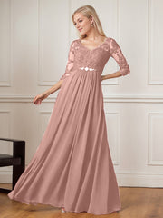 A-Line Floor-Length V-Neck Lace Chiffon Mother of the Bride Dress