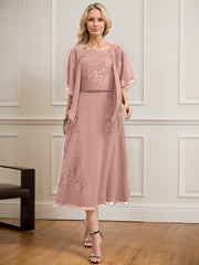 A-line Scoop Tea-Length Lace Chiffon Mother of the Bride Dress With Sequins
