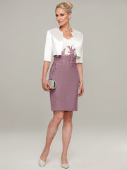 Sheath/Column V-Neck Knee-Length Satin Mother of the Bride Dress With Jacket Appliqued