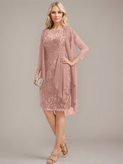 Sheath/Column Scoop Illusion Knee-Length Lace Chiffon Mother of the Bride Dress With Cascading Ruffles Sequins