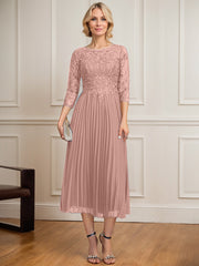 A-line Scoop Illusion Tea-Length Lace Chiffon Mother of the Bride Dress With Sequins Pleated